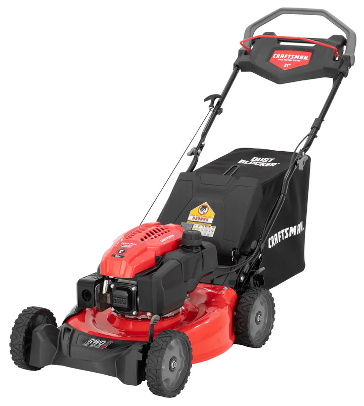 Photo of Craftsman self-propelled lawn mower with red deck, black grass bag, and CM12ABO2C2093 model, front angle.