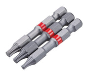 Photo of three CRAFTSMAN torx screwdriver bits with red bands, SKU CMAF2TX-3, angled on white background.