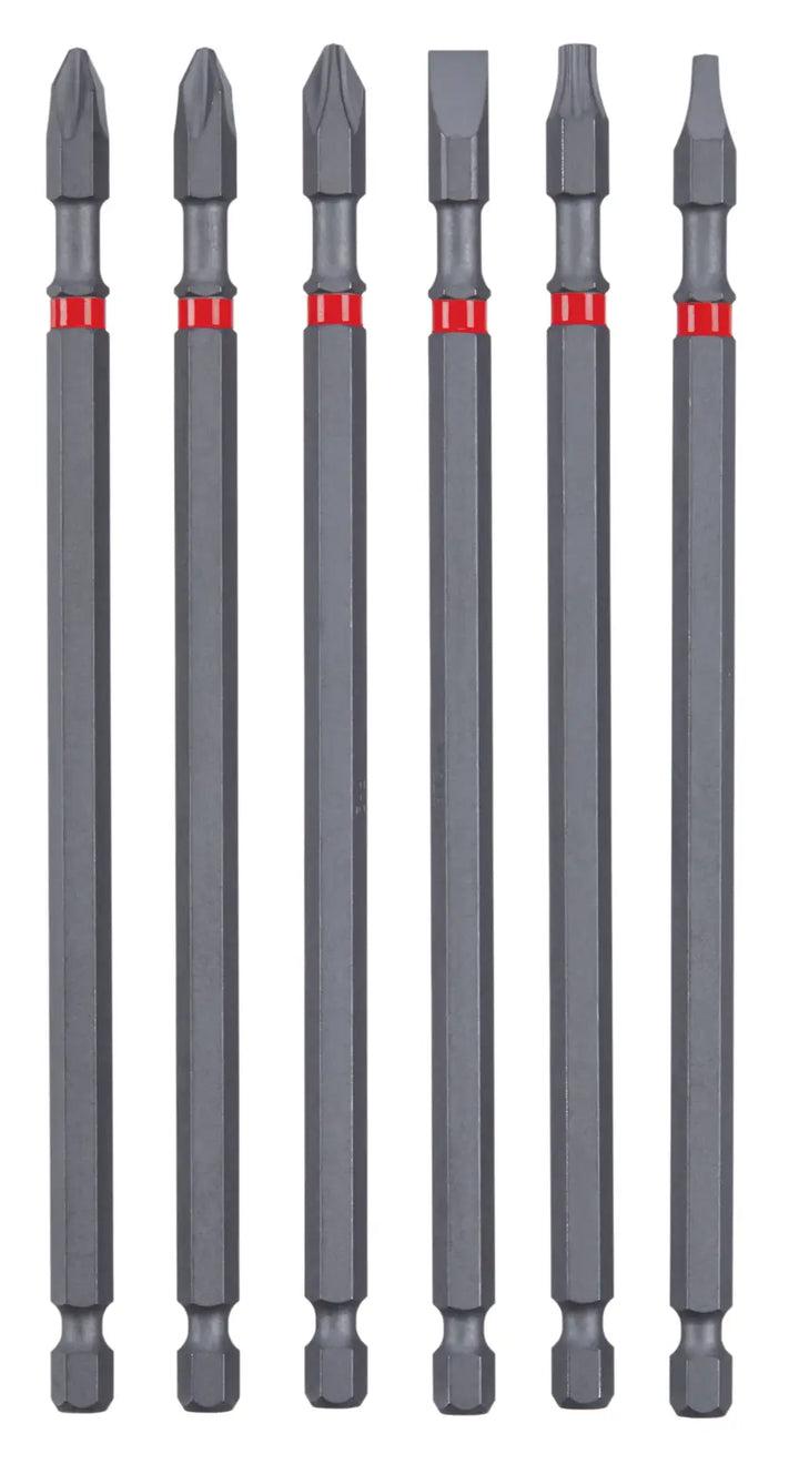 Photo of Craftsman screwdriver bit set CMAF6MIX6, six long black bits with red bands, front angle on white.