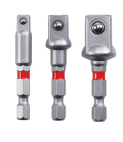 Photo of Craftsman socket adapter set CMAFSKTA-3, three silver pieces with red band, front angle, white background.