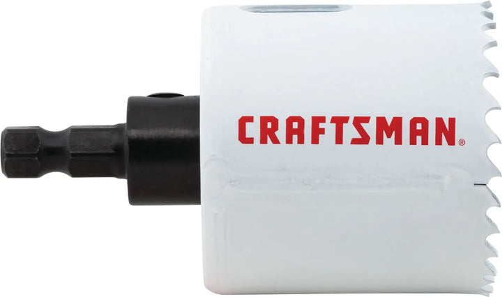 Photo of Craftsman hole saw CMAH12A, white with sharp teeth, side angle on white background.