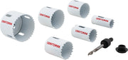 Photo of Craftsman hole saw kit SKU CMAH1SET7, includes six white hole saws, arbor, and adaptor on white background.