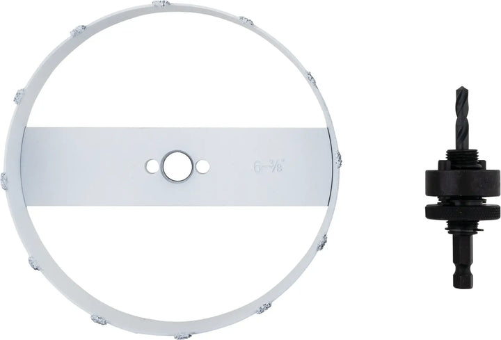 Photo of Craftsman hole saw kit with arbor, gray metal, model CMAH36RL, front angle on white background.