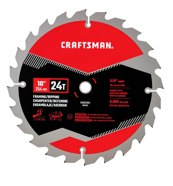 Photo of CRAFTSMAN 10-inch 24T carbide-tipped circular saw blade, SKU CMAS21024, with red, black, and silver design, front angle.