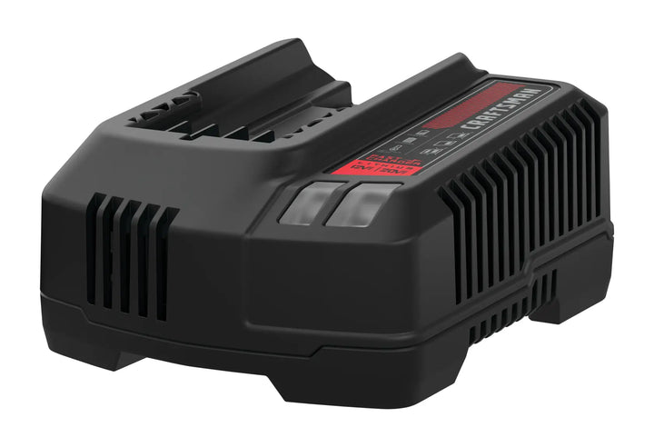 Photo of Craftsman battery charger CMCB104, black with red label, front angled view on white background.