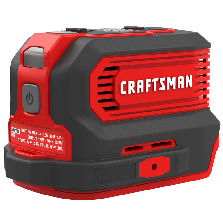 Photo of CRAFTSMAN portable power inverter CMCB1150B, black and red, front angle on white background.