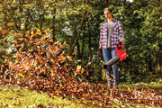 Photo of Craftsman CMCBL720B leaf blower in use outdoors, blowing autumn leaves in a wooded yard.