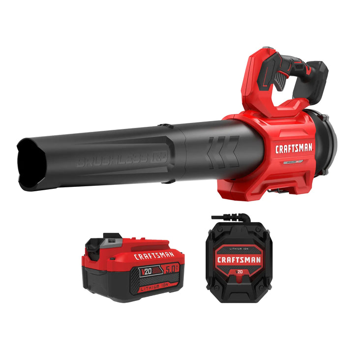 Photo of Craftsman CMCBL730P1 cordless leaf blower with V20 battery and charger, front angle, red and black.