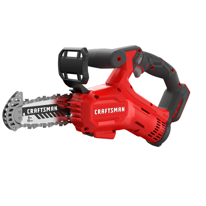 Craftsman CMCCS320B cordless mini chainsaw, red and black, side angle, white background.