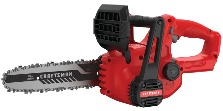 Photo of Craftsman chainsaw CMCCS610B, red and black, side angle, 10 inch bar, cordless design.