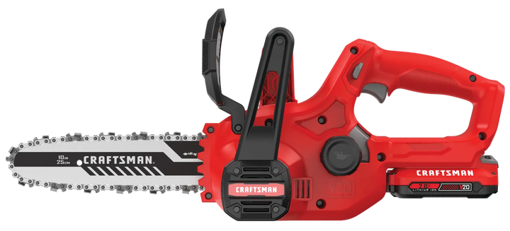 Photo of Craftsman CMCCS610D1 cordless chainsaw, red and black, side angle, V20 battery visible.