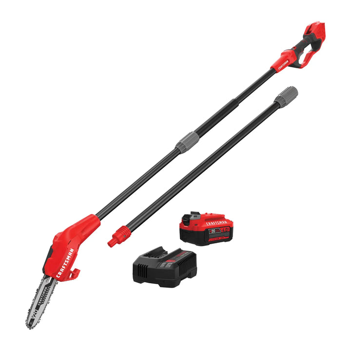 Photo of Craftsman pole saw kit CMCCSP20M1, showing red and black cordless pole saw, battery, and charger on white background.