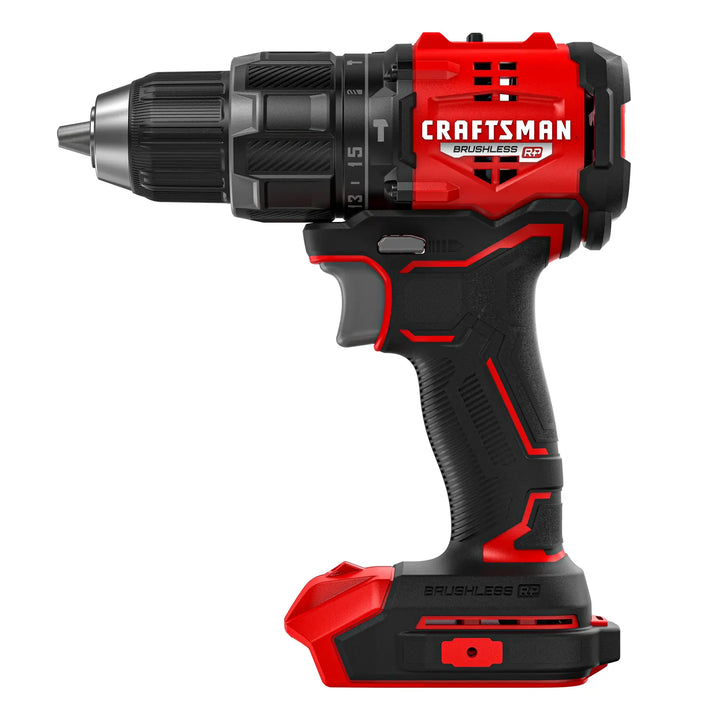 Photo of Craftsman cordless brushless drill CMCD716B, red and black, side view on white background.