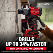Photo of Craftsman CMCD726B cordless drill in use, drilling into concrete wall, black and red design, battery sold separately.
