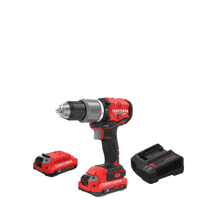 Photo of Craftsman CMCD732D2 cordless drill kit with red and black drill, two batteries, and charger shown on white background.