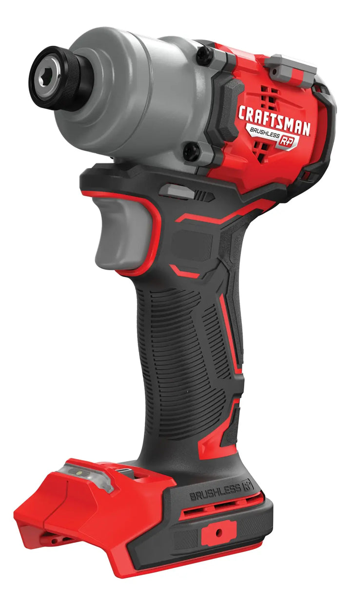 Photo of Craftsman CMCF830B cordless impact driver, red and black, angled view on white background.