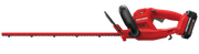 Photo of Craftsman CMCHT810C1 cordless hedge trimmer, red, side angle, with battery pack on white background.