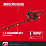 Photo of Craftsman hedge trimmer CMCHT810C1 with black wraparound handle and 20-inch dual action blades, angled right.