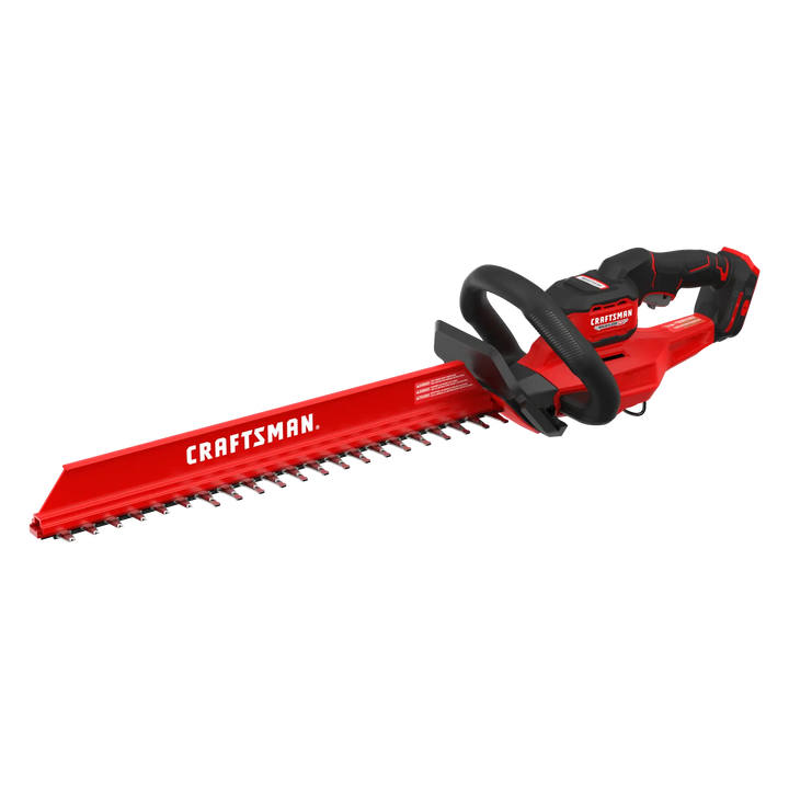 Photo of Craftsman cordless hedge trimmer CMCHT830B, red and black, side angle on white background.