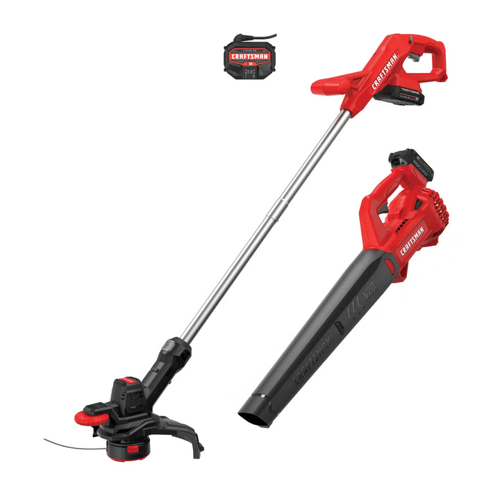 Craftsman CMCK279C2 cordless string trimmer and blower set with battery, front angle, red and black.