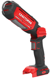 Photo of Craftsman LED work light CMCL050B, cordless, red and black, side angle on white background.
