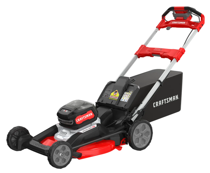 Photo of Craftsman CMCMWSP320X2 cordless lawn mower, black and red, side angle on white background.
