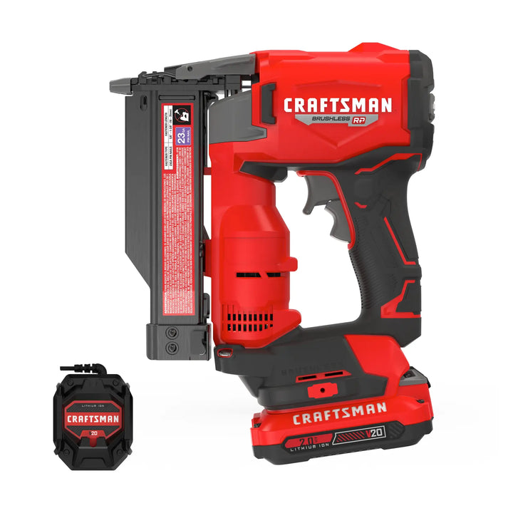 Photo of Craftsman cordless nailer tool with battery, model CMCN623C1, side angle on white background.