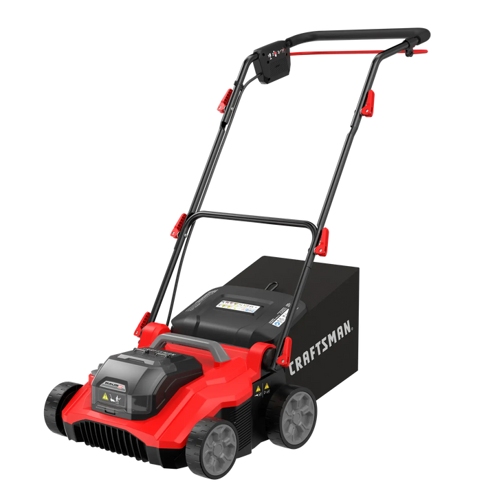 Photo of Craftsman walk-behind lawn mower CMCOE210B, red and black, side angle on white background.