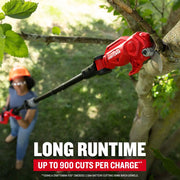 Photo of a CRAFTSMAN pole pruner CMCPPR320D1 trimming a tree branch, shown in outdoor use with a person operating it.