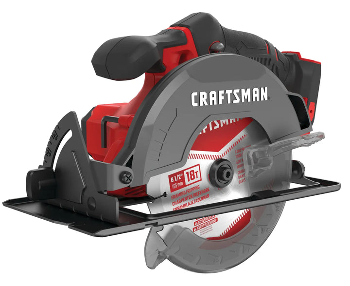 Photo of Craftsman cordless circular saw CMCS500B, 6.5-inch blade, red and black, front angle, on white background.