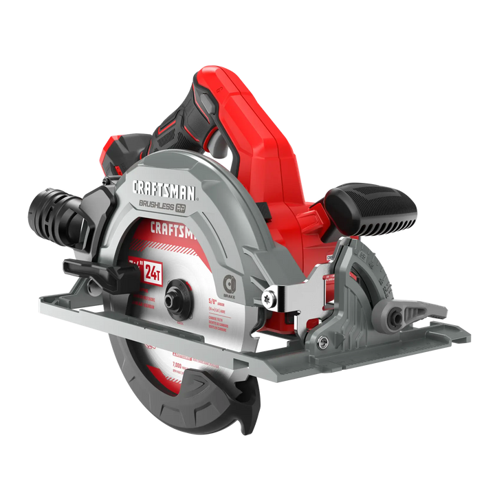 Photo of CRAFTSMAN brushless cordless circular saw, model CMCS551B, side angle on white background.