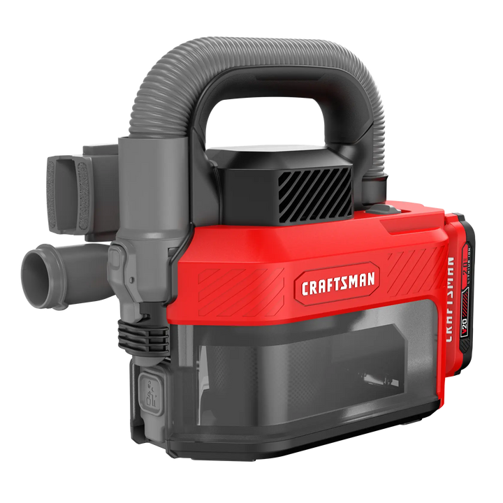 Red and black CRAFTSMAN portable cordless vacuum cleaner with flexible hose and clear dust container.
