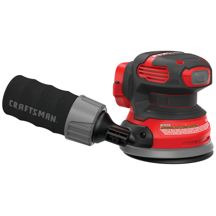 Craftsman random orbit sander CMCW220 white background beauty shot side angle