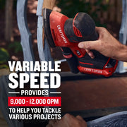 Photo of Craftsman CMCW221B cordless sander used on wood, red and black body, variable speed feature.