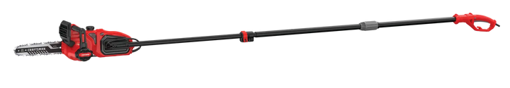 Photo of Craftsman electric pole saw CMECSP610, red and black, side view, extended shaft on white background.