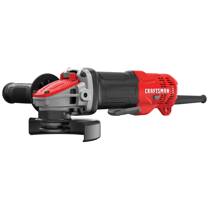 Photo of Craftsman CMEG200 angle grinder, red and black body, side angle on white background.