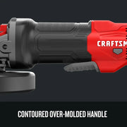 Photo of Craftsman CMEG200 angle grinder handle, black and red with textured grip, side view.