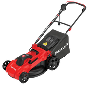 Craftsman CMEMW213 red and black electric lawn mower side angle on white background.