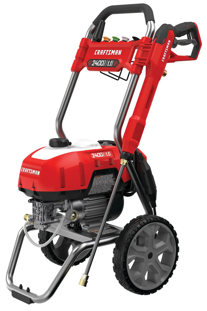 Photo of Craftsman red electric pressure washer CMEPW2400, angled view on white background with large wheels.