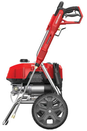 Photo of Craftsman pressure washer CMEPW2400, side view showing red body, black wheels, and metal frame.