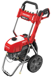Photo of Craftsman CMEPW2400 pressure washer, red and black, front angle, with spray wand and large wheels.