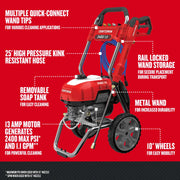 Photo of Craftsman CMEPW2400 electric pressure washer with red housing, black frame, 10-inch wheels, multiple wand tips, removable soap tank, and blue 25-foot hose.