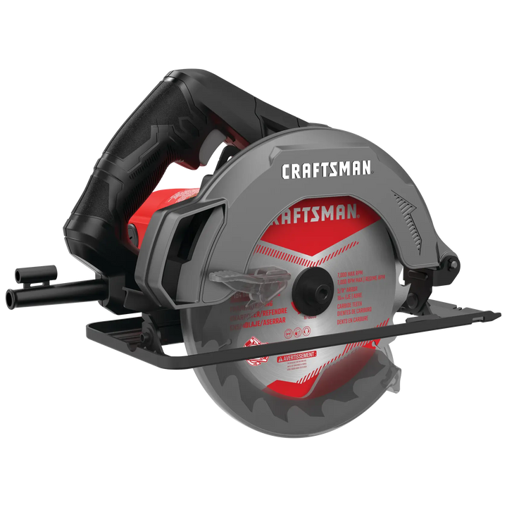 Photo of Craftsman CMES500 circular saw, side angle, gray and red design, visible blade guard on white background.