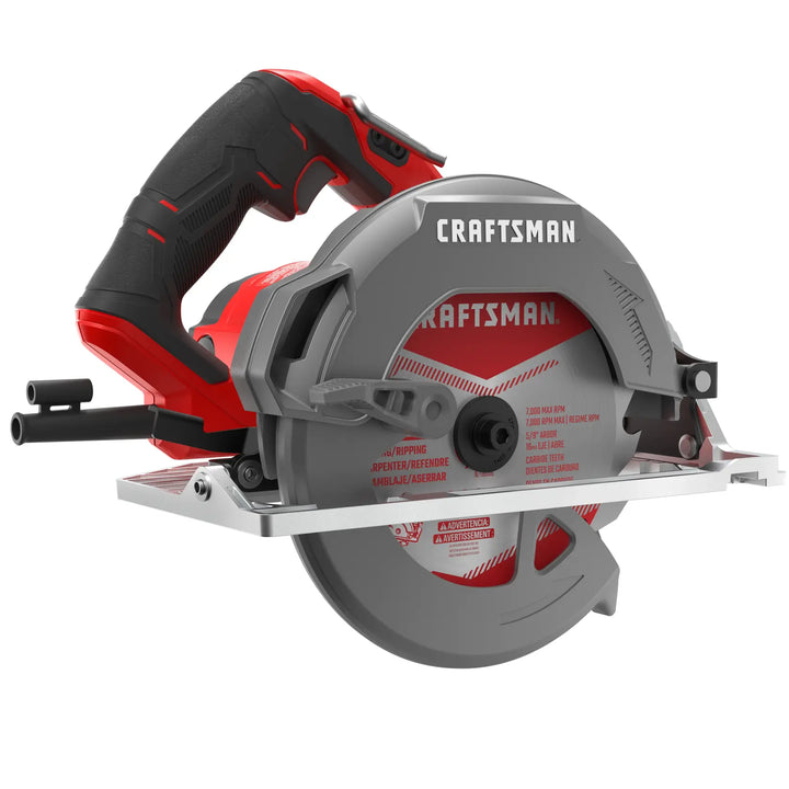 Photo of CRAFTSMAN CMES510 circular saw, red and black design, angled view on white background.