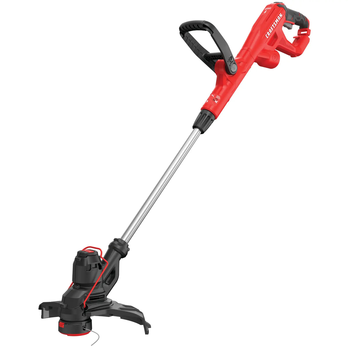 Photo of a Craftsman CMEST913 string trimmer with red and black design, side angle, straight shaft, white background.