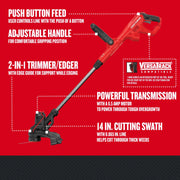 Photo of Craftsman CMEST913 2-in-1 electric trimmer/edger with adjustable handle and 14 inch cutting swath, angled view.