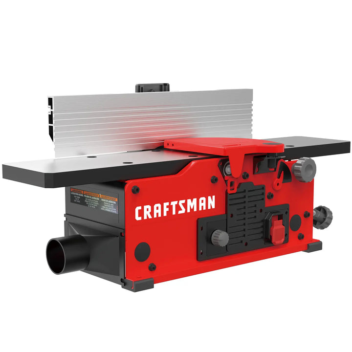Photo of CRAFTSMAN CMEW020 benchtop jointer, red and black with gray knobs, side angle, white background.