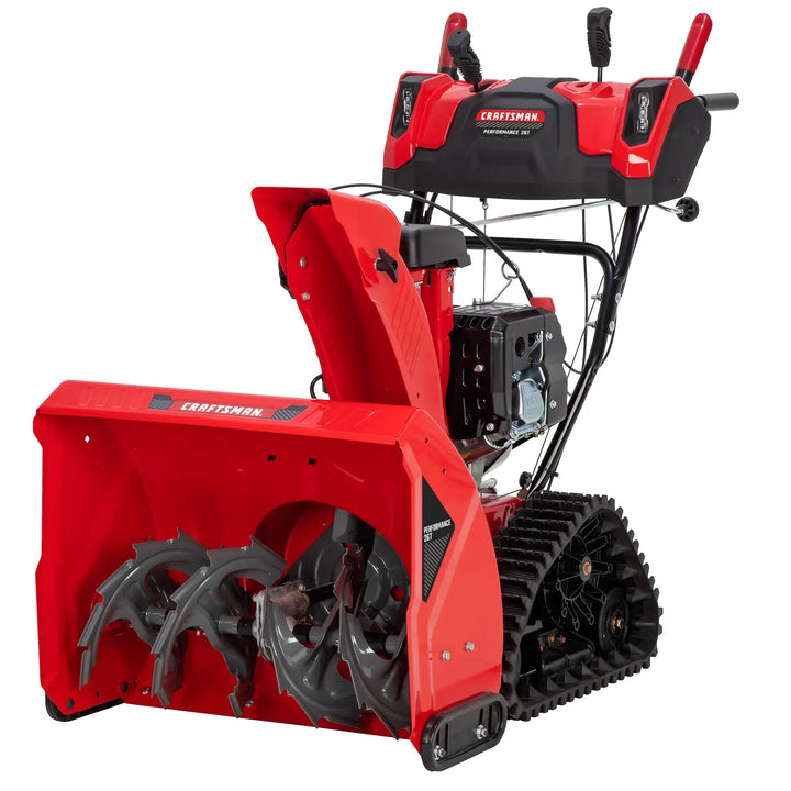 Craftsman red two-stage snow blower CMGB223104, front angle, showing auger and tracks.
