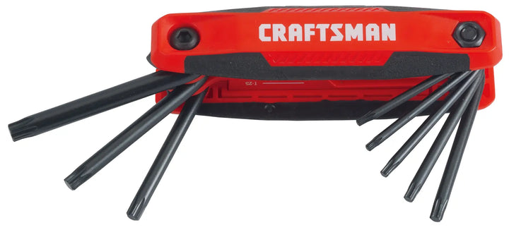 Craftsman CMHT26003 folding hex key set with black keys extended, red and black handle, front angle.