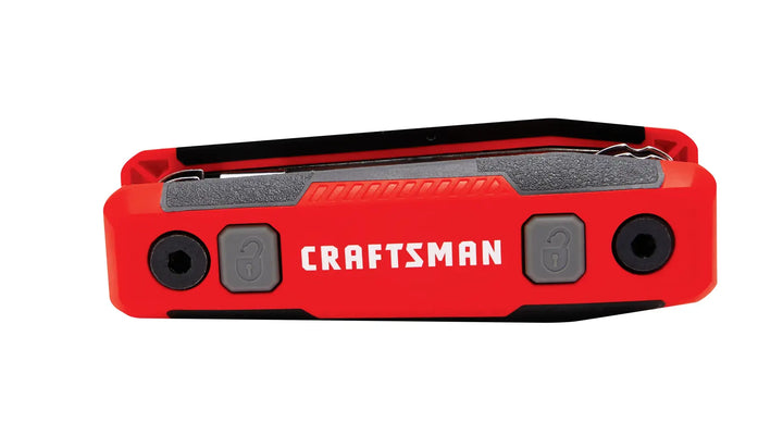 Front angle photo of Craftsman folding hex key set CMHT26025, red and black handle with visible logo and buttons.